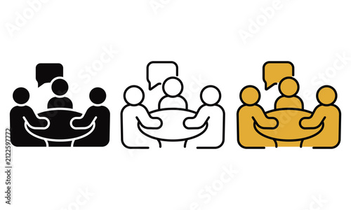 Team meeting with people around a table and speech bubbles