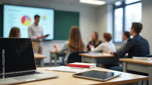 Elegante espacio de trabajo para el profesor en la parte delantera de un aula moderna, con laptop y tableta digital