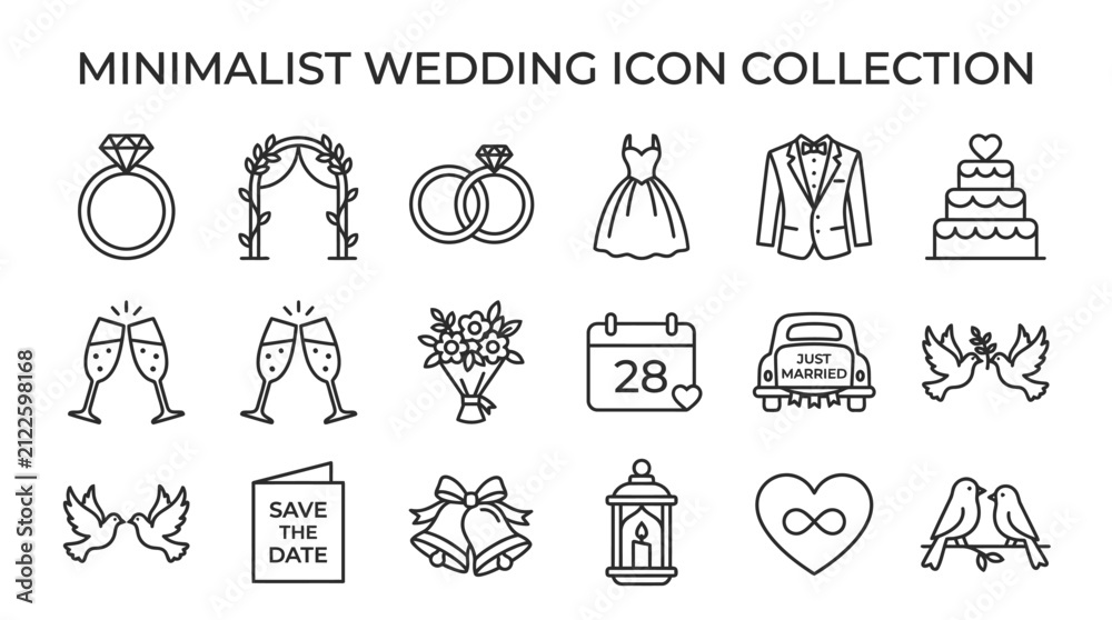 Fototapeta premium Minimalist wedding icon collection featuring various marriage celebration symbols in black line art style.
