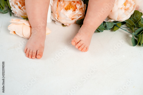 Canvastavla baby's feet in flowers on a white isolated background