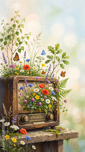 Conceptual illustration of a vintage wooden radio transformed into a flourishing wildflower meadow, colorful flowers 