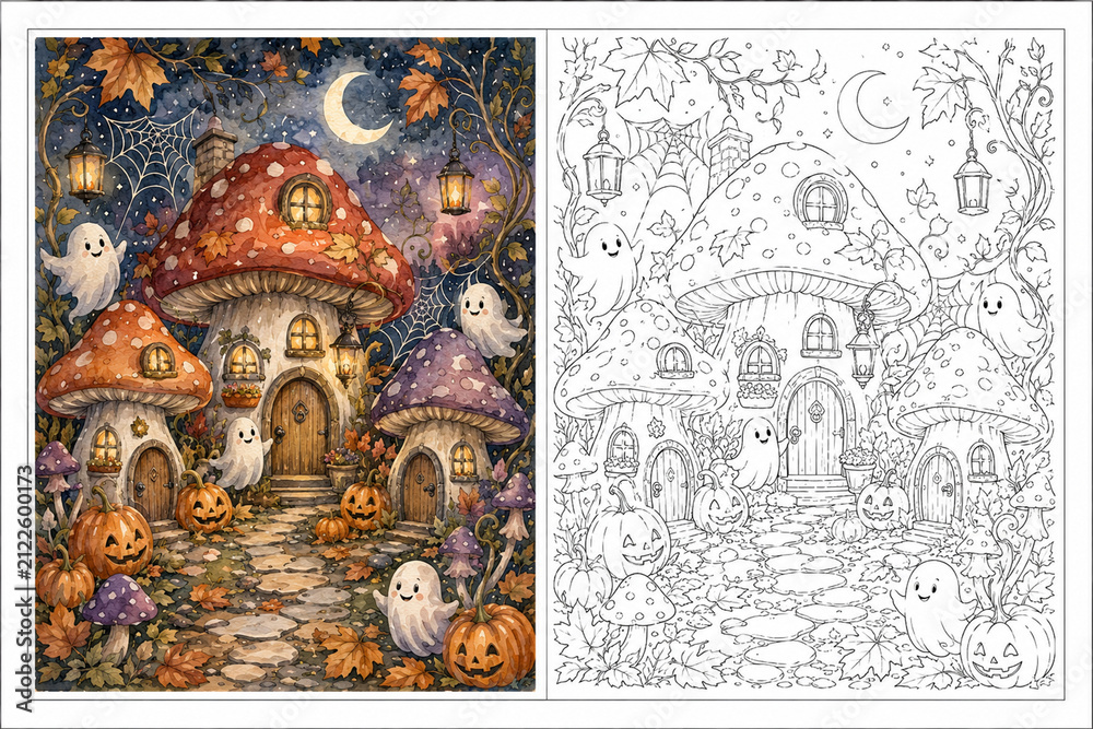 Obraz premium Halloween Mushroom Village Watercolor Coloring Page for Kids and Adults