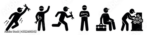 Mechanical workers and repair service concept. Vector illustrations of technicians with tools, maintenance workers running with wrenches, engineer with toolbox, and mechanic working on machinery in