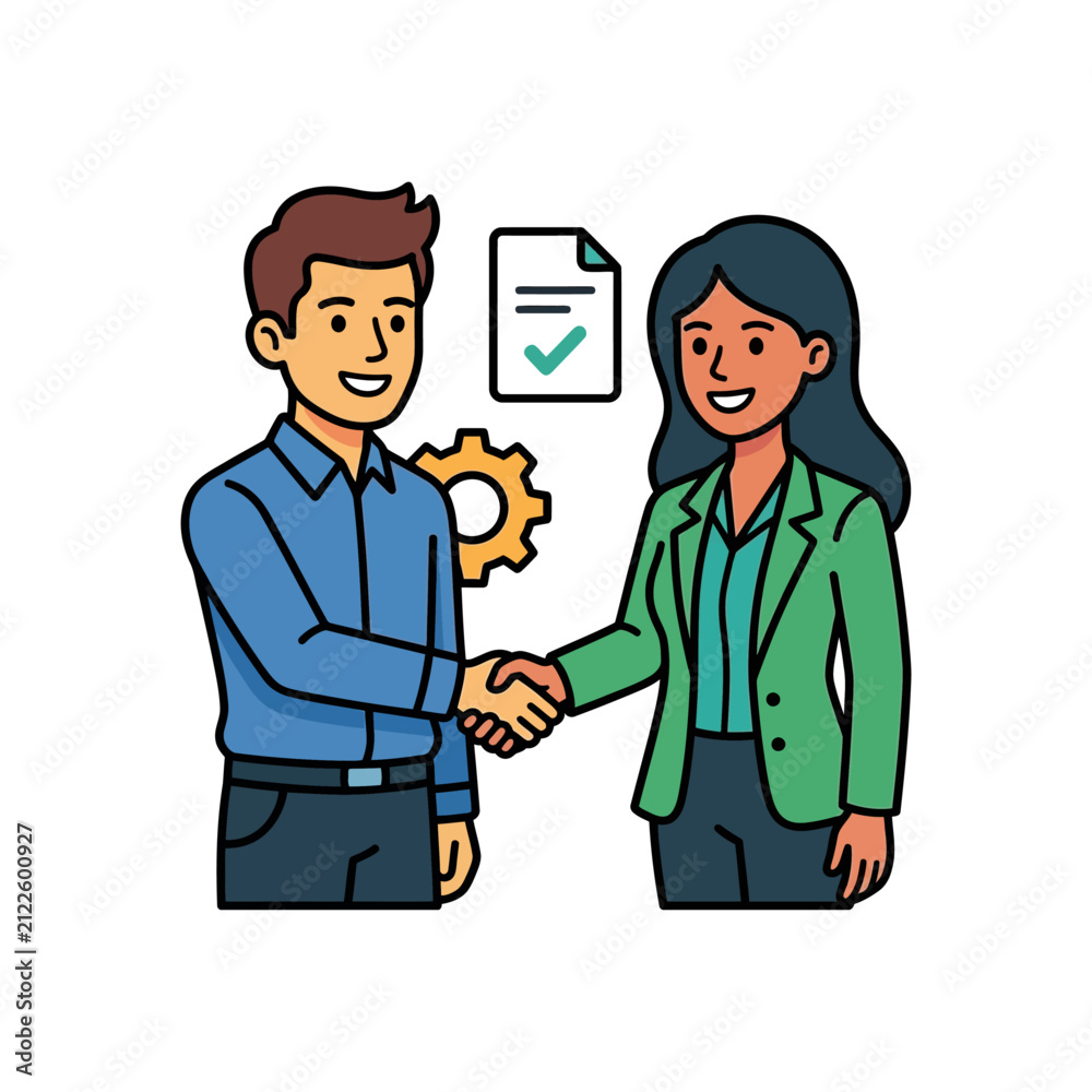 Fototapeta premium business people shaking hands on agreement with checklist and gears