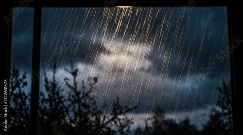 Heavy night rain streaks through window against dark stormy sky