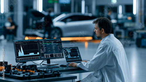 Engineer works at a computer station in an electric vehicle manufacturing facility during daytime hours