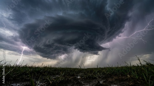 Rotating supercell storm with intense lightning over open grassy plain