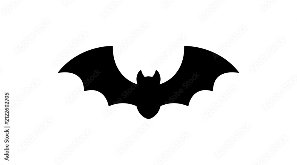 Fototapeta premium Bat silhouette with outstretched wings is centered on a white background, offering a minimalist representation of the nocturnal mammal.