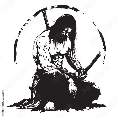 vector illustration of a man sitting with a sword