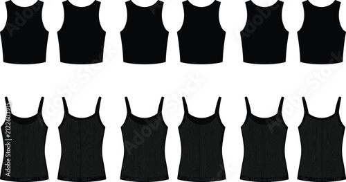 Obraz na plátně Vector set of women crop tops and ribbed camisole tank tops black silhouette fla
