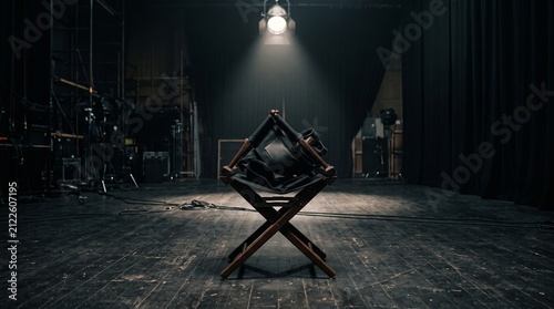 A vintage director's chair stands illuminated by a focused spotlight on a vast, dark theatre stage, symbolizing artistic anticipation and creative direction