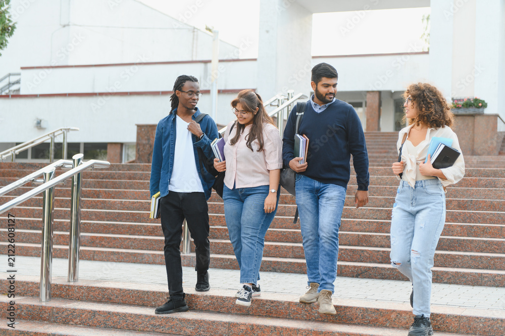 Fototapeta premium Diverse students walking down campus stairs together