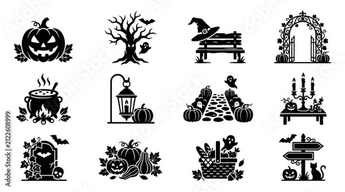 Foto Create a premium Adobe Stock vector icon set featuring exactly 12 elegant Halloween garden party elements, pure black silhouette vector, isolated white background, clean professional vector artwork