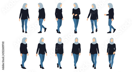 Фотография A collection of diverse women wearing hijabs in various walking poses illustrate