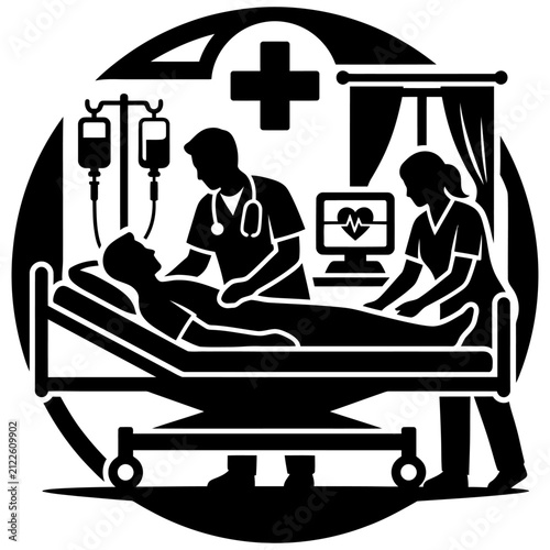 doctors caring for patient in hospital bed with medical equipment and monitor