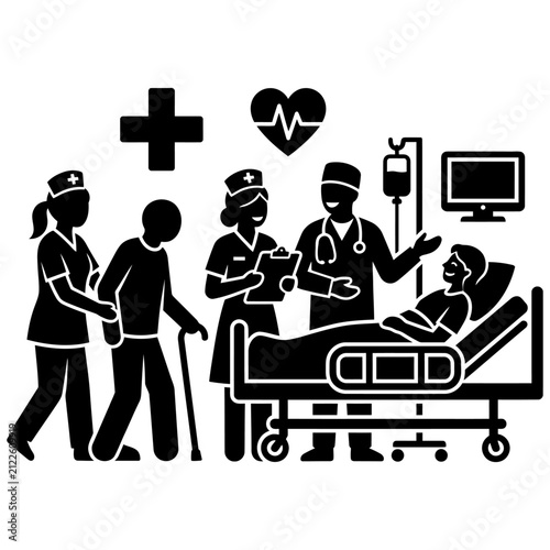 medical team caring for elderly patient in hospital bed with iv drip and monitor