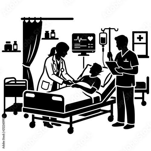 medical professionals caring for patient in hospital room with life support monitor