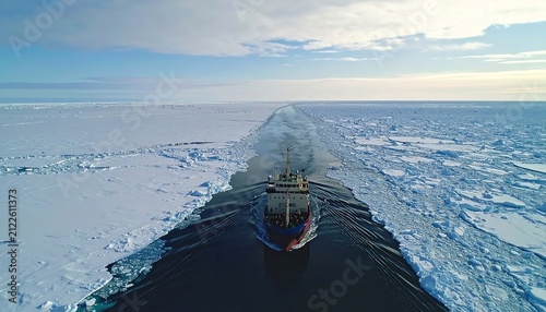 Large icebreaker ship cutting through thick arctic sea ice during World Maritime Day in soft daylight atmosphere