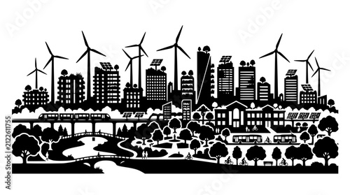 Sustainable Green City Silhouette with Renewable Energy and Public Transport