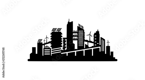 Sustainable smart city skyline silhouette with renewable energy icons