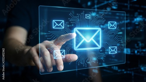 Close up businessman hand touching floating virtual email interface with digital circuit board background for secure online communication