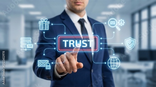 Businessman touching holographic trust icon with digital security and network symbols in modern office environment for data safety