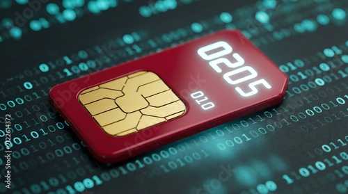 Close up of red credit card with chip on binary code background representing secure digital payments and financial cybersecurity