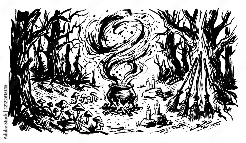 Obraz premium Spooky forest clearing with witch cauldron and brooms among gnarled trees in detailed sketch style