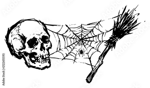 Cuadro en lienzo Human skull with spider web and witch broomstick in hand drawn sketch style