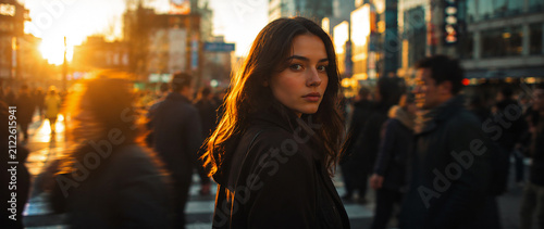 confident young woman in urban crowd at golden hour