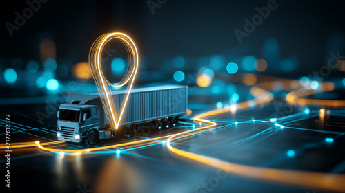 Cargo truck beneath a location pin on connected routes representing shipment tracking and smart logistics
