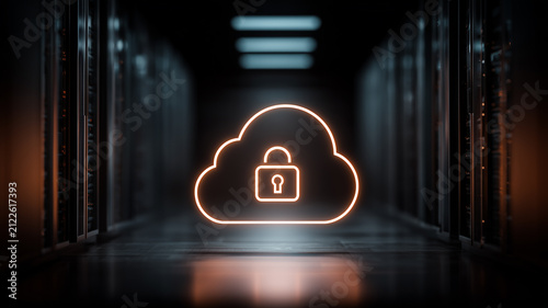 Locked cloud icon inside a server room representing secure cloud infrastructure and protected data hosting
