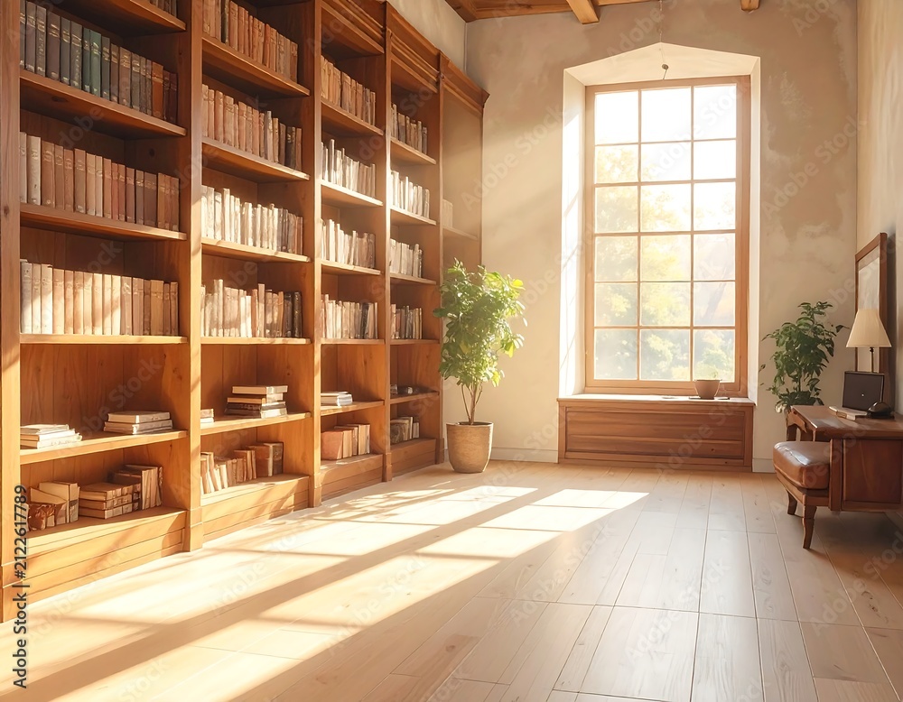 Fototapeta premium Cozy home library with wooden bookshelves. Sunlit reading room interior with natural light.