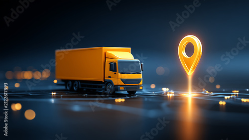 Delivery truck beside a digital location pin illustrating shipment tracking and modern logistics navigation
