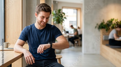 Smiling young adult man checking his smartwatch in a modern cafe. Happy male looking at wearable technology device on his wrist. Digital communication and lifestyle