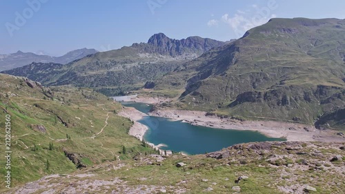 Climate crisis, the Twin lakes in the middle of a drought, Lombardy landscape with drone point of view
