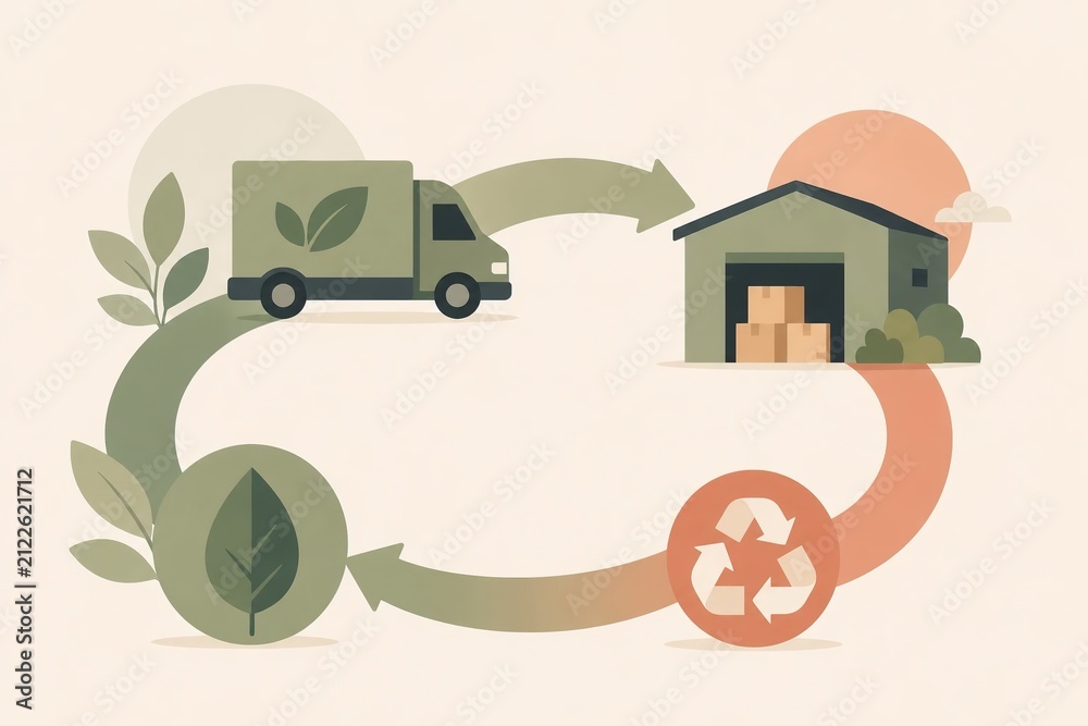 Obraz premium Flat vector illustration of a sustainable supply chain loop connecting delivery van warehouse leaf and recycling arrow