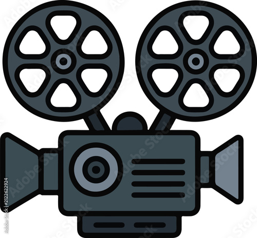 movie camera and film reel vector art on isolated white background