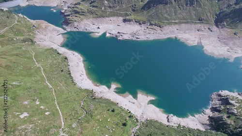Climate crisis, the Twin lakes in the Orobie mountains in the middle of a drought, Lombardy landscape drone point of view