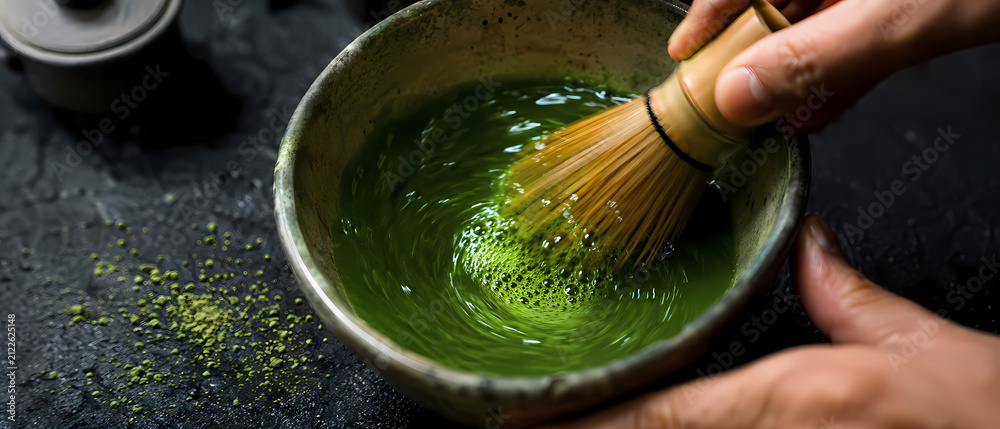 Obraz premium Traditional Japanese Matcha Tea Ceremony on a Dark Table
