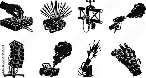 Принти на полотні Stage effect and event lighting equipment silhouette set including laser project