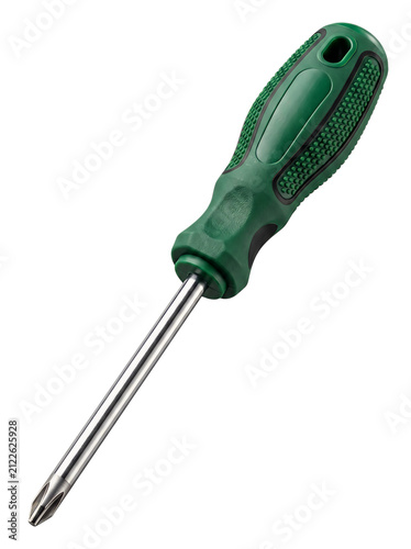Phillips head screwdriver with green ergonomic handle, professional steel hand tool for home repair, manual crosshead driver isolated on white background