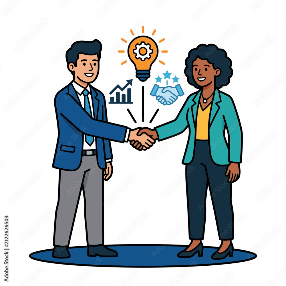 Obraz premium business partnership handshake with lightbulb idea and growth chart symbols
