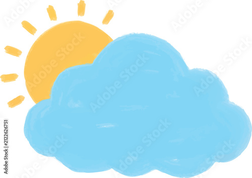 gouache blue clouds yellow sun child drawing nursery hand painted