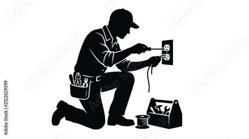 Silhouette vector illustration of an electrician repairing a wall power outlet