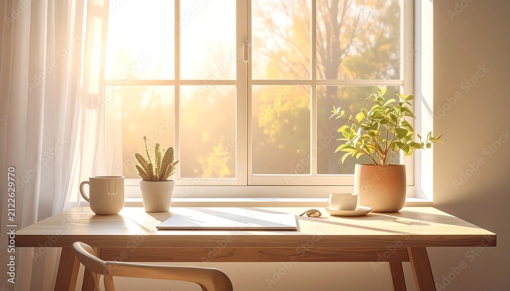 Fototapeta premium Cozy home office desk by window. Minimalist workspace with soft morning sunlight.