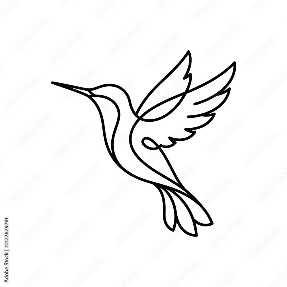 Fototapeta premium Continuous line art drawing of a flying hummingbird.