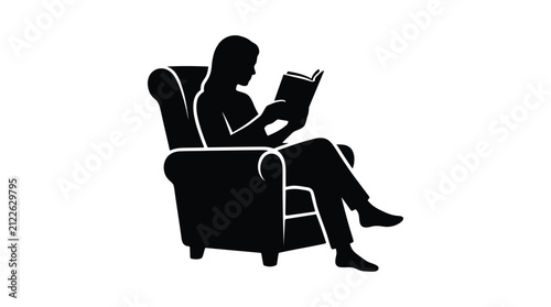 Black silhouette vector illustration of woman reading book in chair