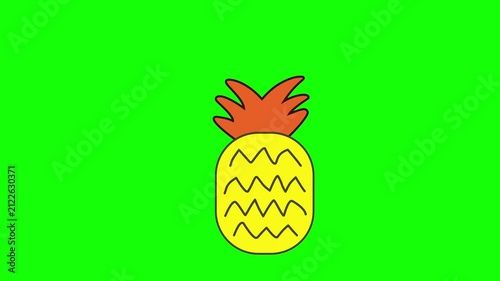 A pineapple with a crown floats smoothly and loops in a flat cartoon animation, a colourful tropical fruit with a fun, modern, and refreshing look. Green screen background. 