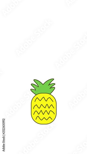 A pineapple with a crown floats smoothly and loops in a flat cartoon animation, a colourful tropical fruit with a fun, modern, and refreshing look. Vertical animation 